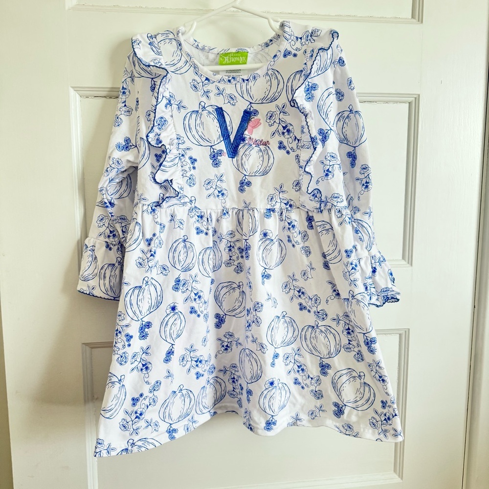 Classic Whimsy Embroidered Monogram Vivian Pumpkin Tunic Shirt Blue White Sz 10